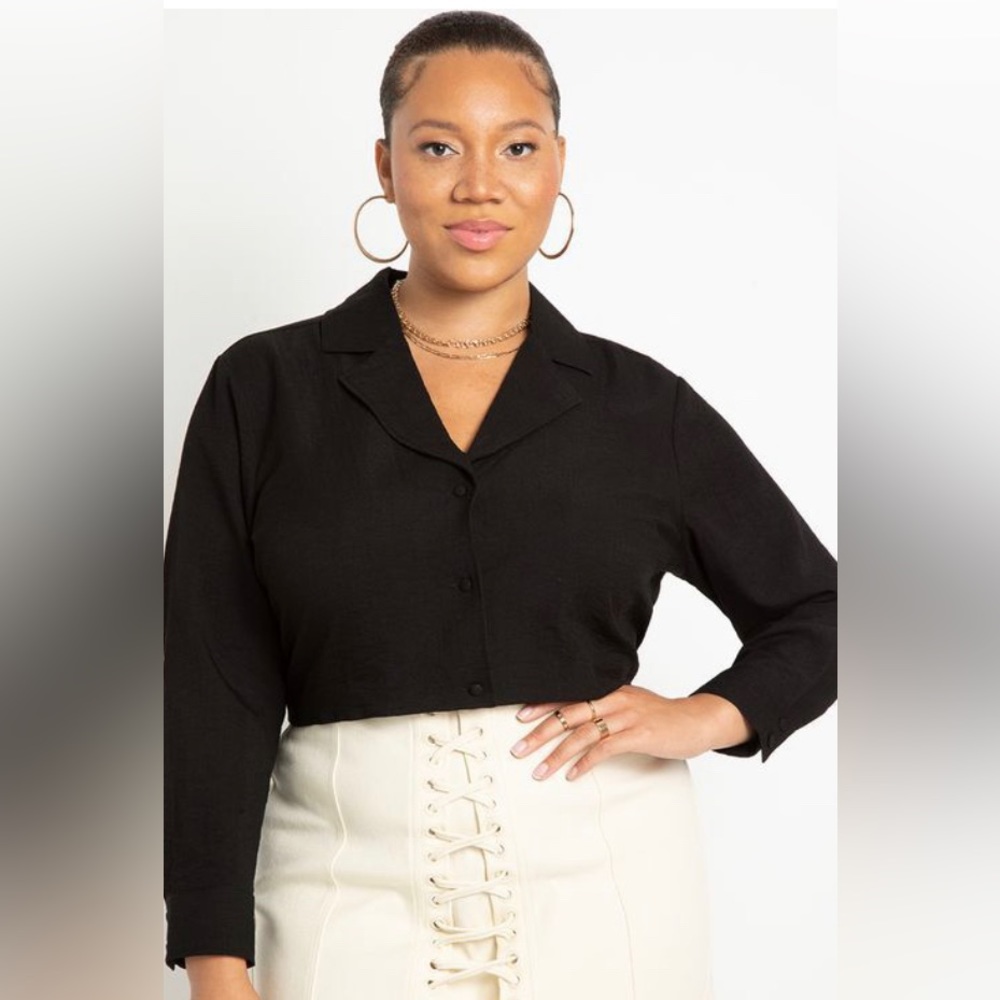 Eloquii Black Cropped Button-Front Collared Top